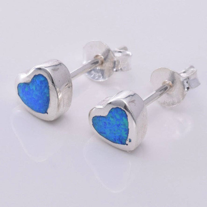 Sterling Silver Synthetic Blue Opal Heart Stud Earrings