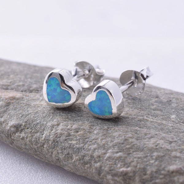 Sterling Silver Synthetic Blue Opal Heart Stud Earrings