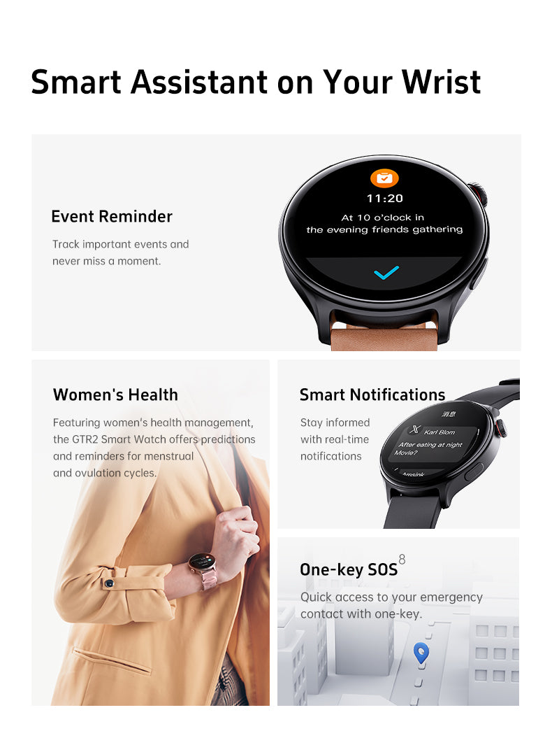 GTR2 - Women’s & Men’s Smartwatch for Android & IOS – 2” HD Touch Screen – Built-in Bluetooth, GPS & Alexa Technology – IP67 Waterproof – Health & Fitness Tracker: 100 Sport Modes – 5 Color Smartwatch Straps – (BLACK / black silica strap))