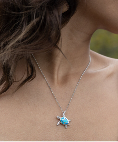 Stunning Daughter Turtle Necklace - .925 Sterling Silver with Opal Accents